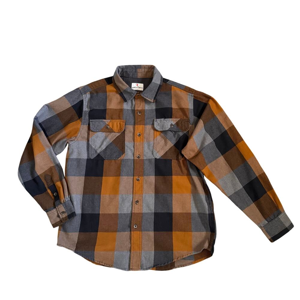 Hallstatt Shirt Mens Large Black Gray Brown Plaid Flannel Soft Button Front